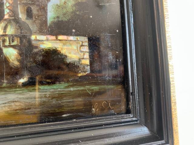 19th century painting, painting under glass and mother-of-pearl, oriental scene, signed GA