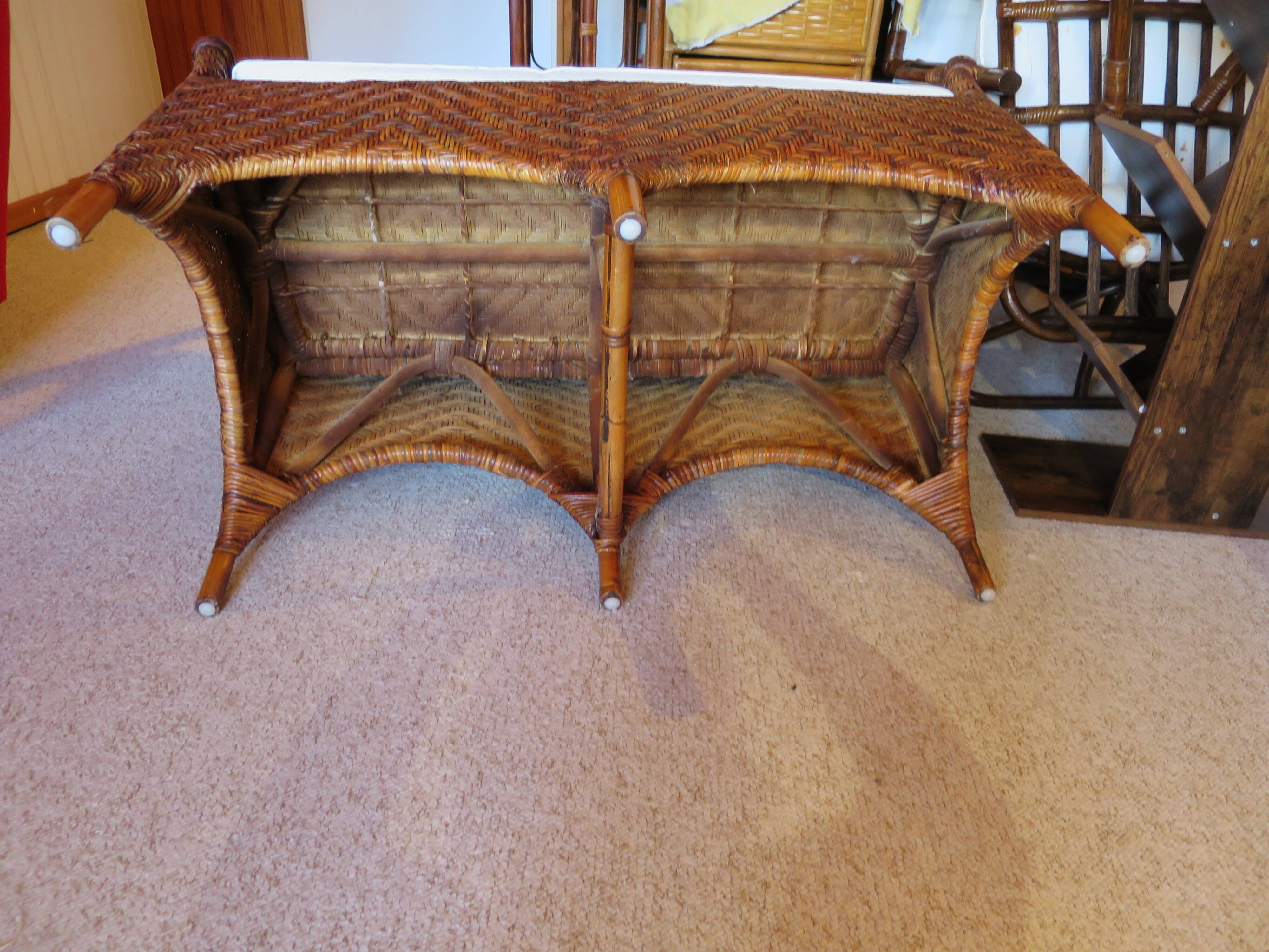 Two-seater banquette in woven rattan, wood and bamboo, 1980s.
