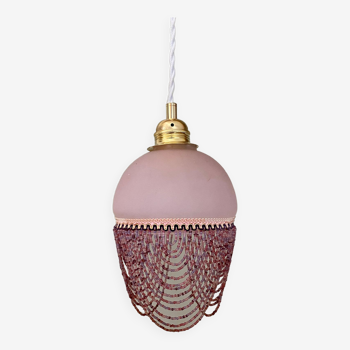 Vintage globe suspension in pink glass decorated with pearls