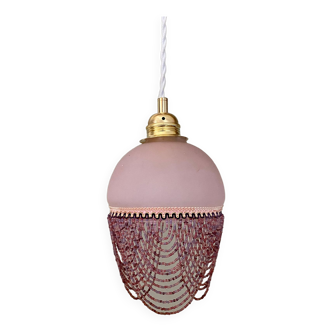 Vintage globe suspension in pink glass decorated with pearls