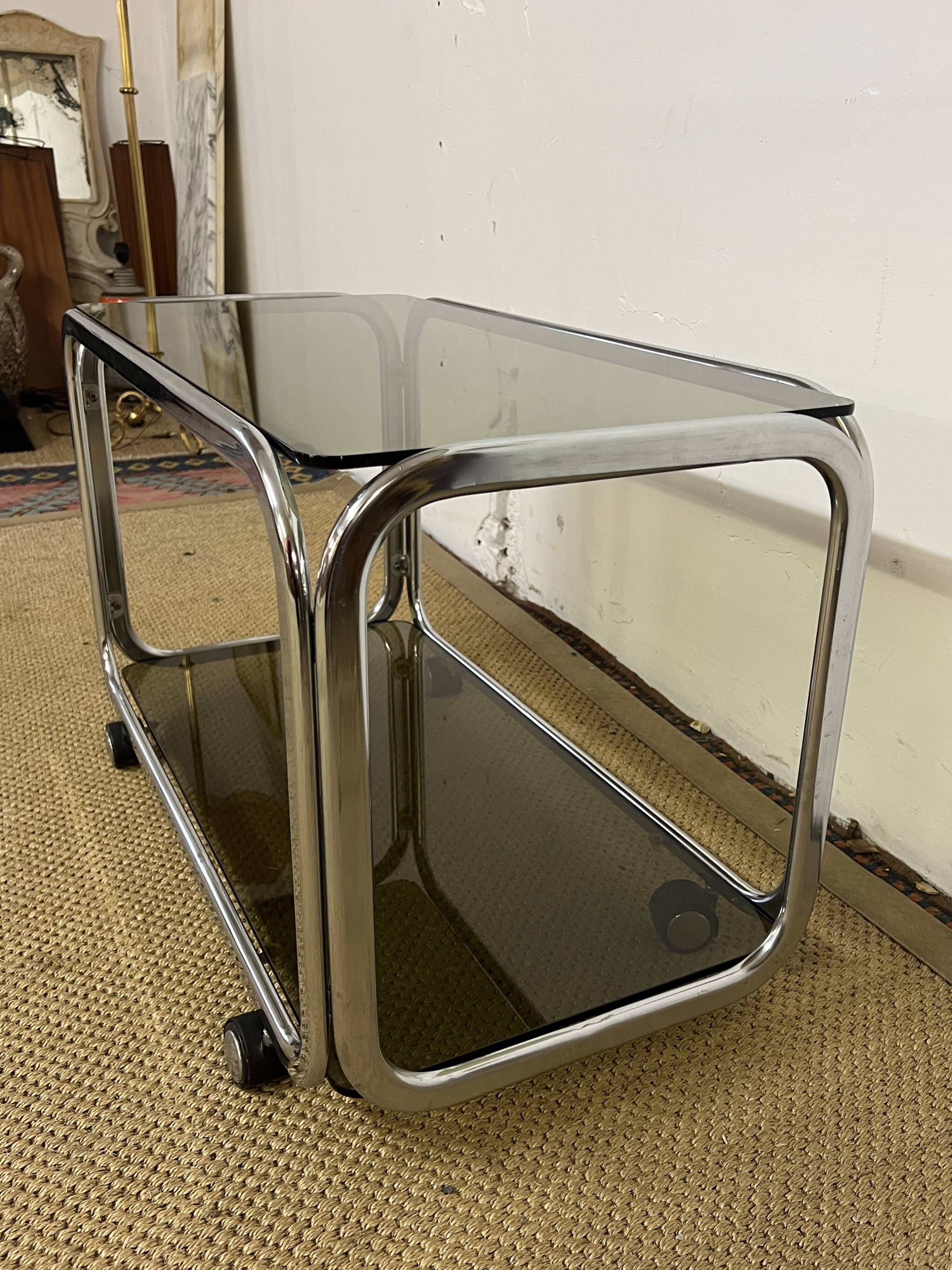 Metal and smoked glass rolling trolley / Bar cart from the 70s