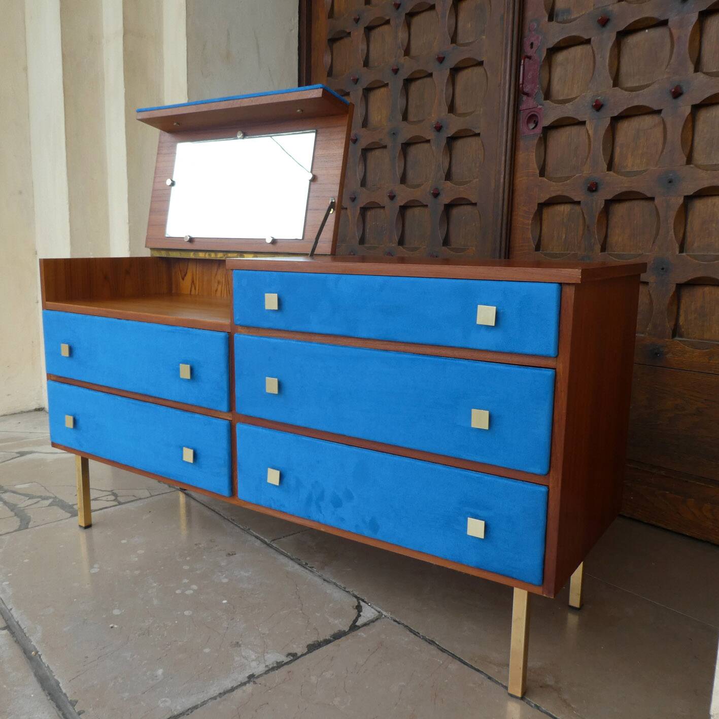 Teak and suede chest of drawers/dressing table, 1950