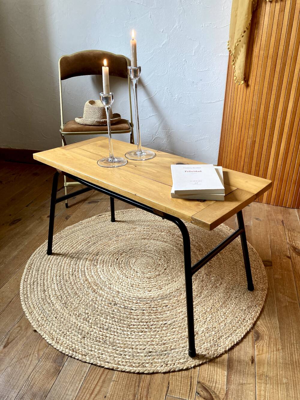 Coffee table with a pine top, tubular metal base, 1950s.