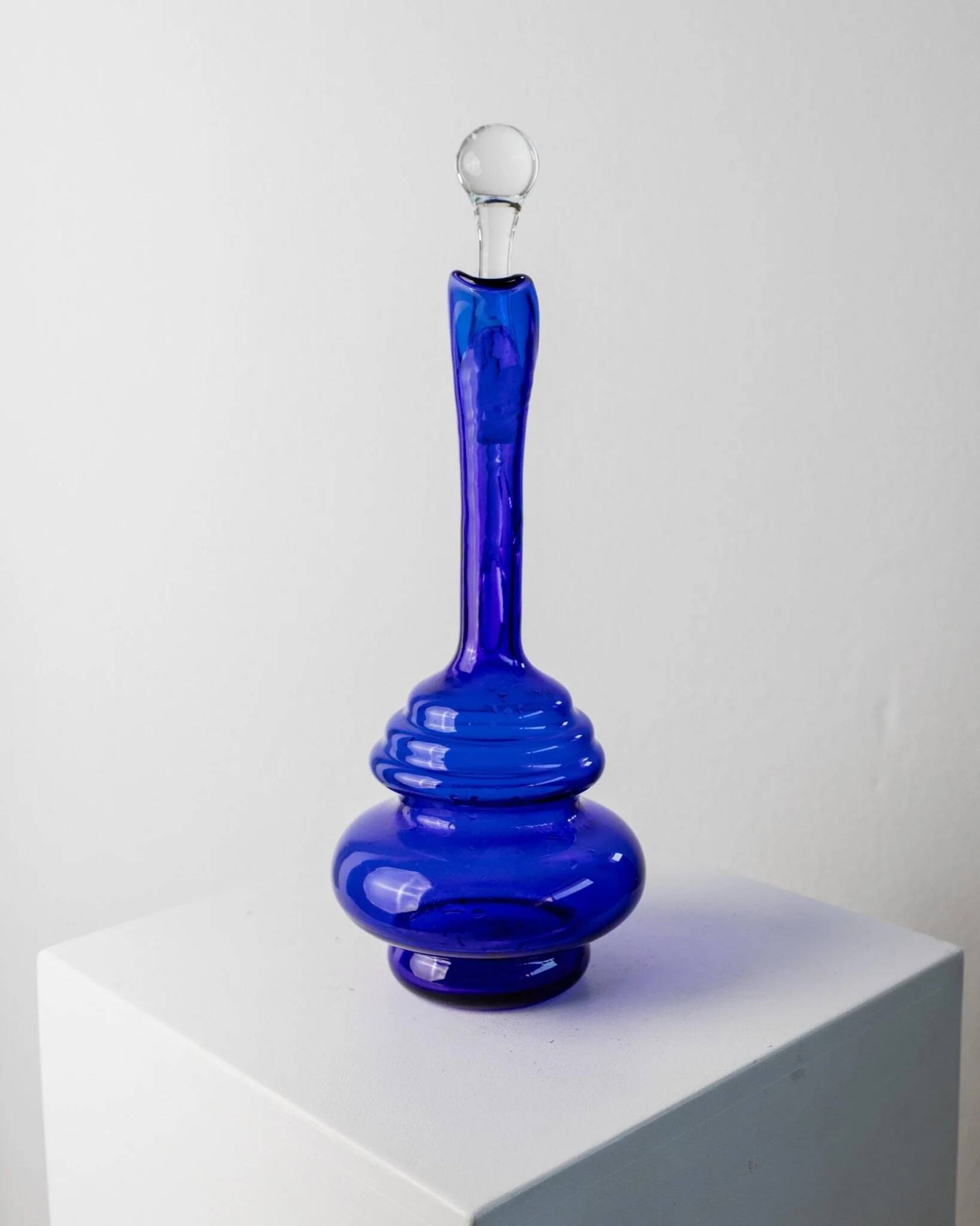 Murano cobalt blue glass carafe with clear handle and stopper - 1960s Italy, vintage mid-century design
