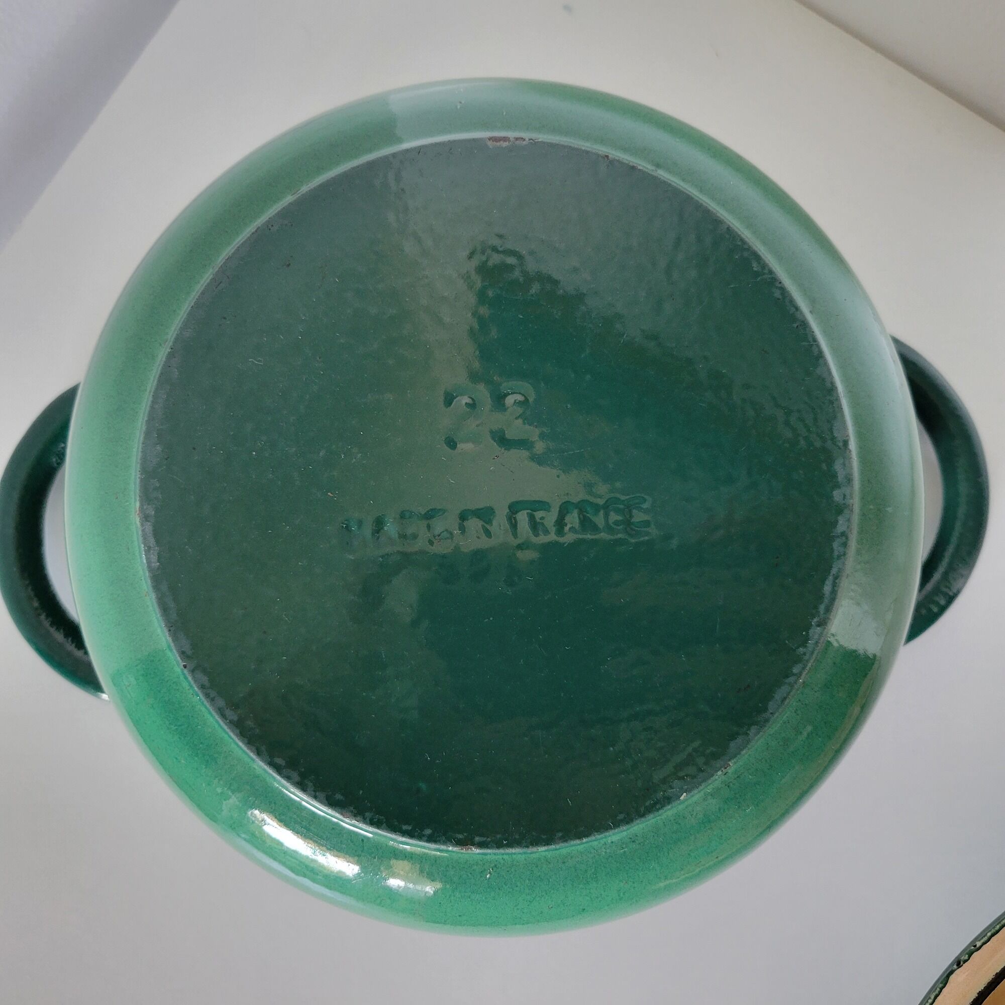 Round green enamelled cast iron casserole Nomar Staub vintage