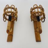 Pair of bamboo rattan lantern wall lights. 50s 60s