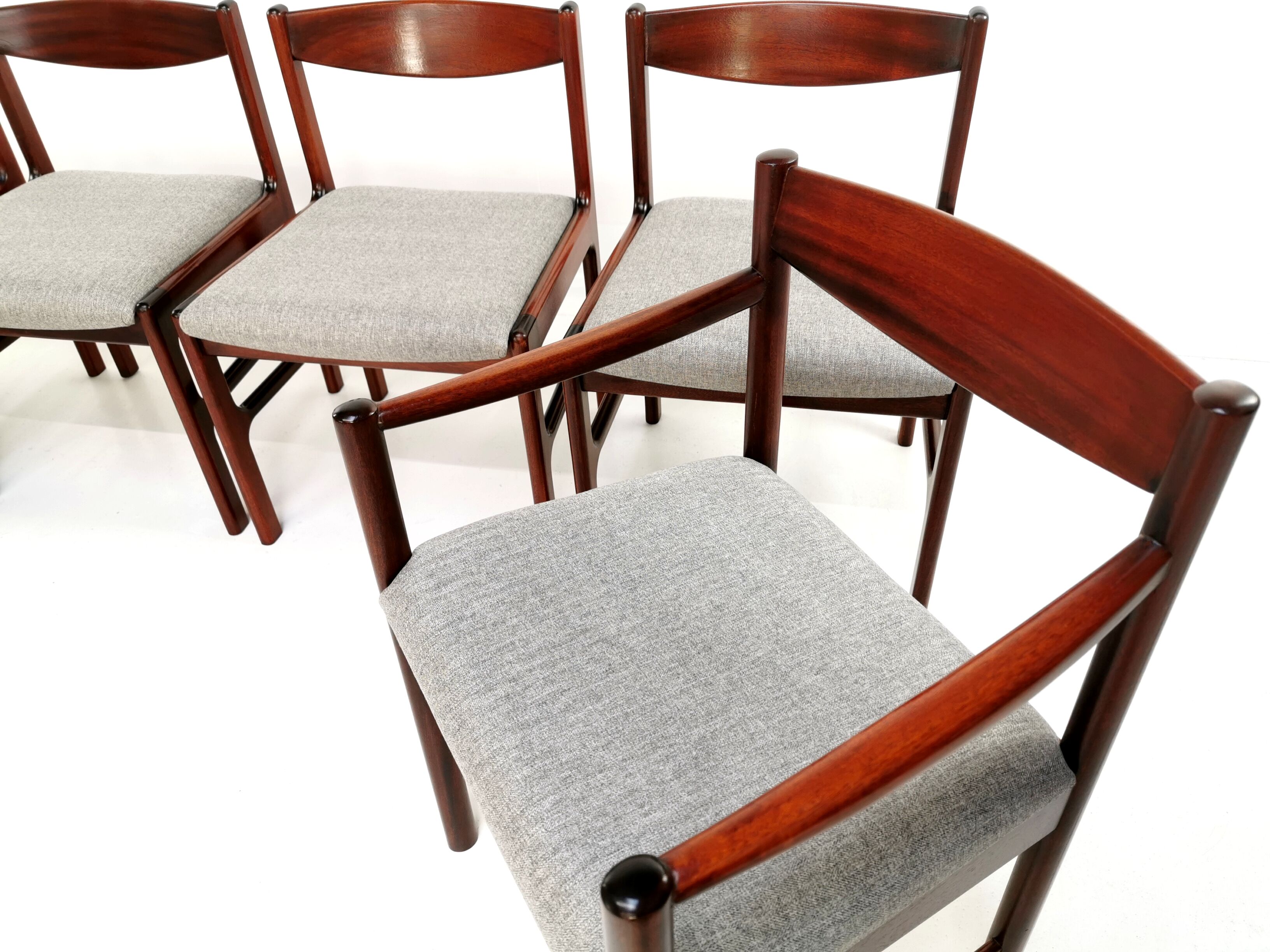 Set of 6 newly upholstered Mcintosh grey herringbone rosewood dining chairs
