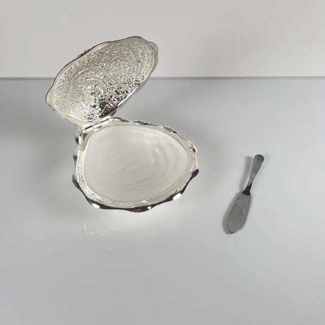 Vintage metal butter dish "Oyster" with glass insert, 1970.