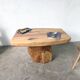 Organic brutalist coffee table in solid cedar, trunk pedestal, 1970s.