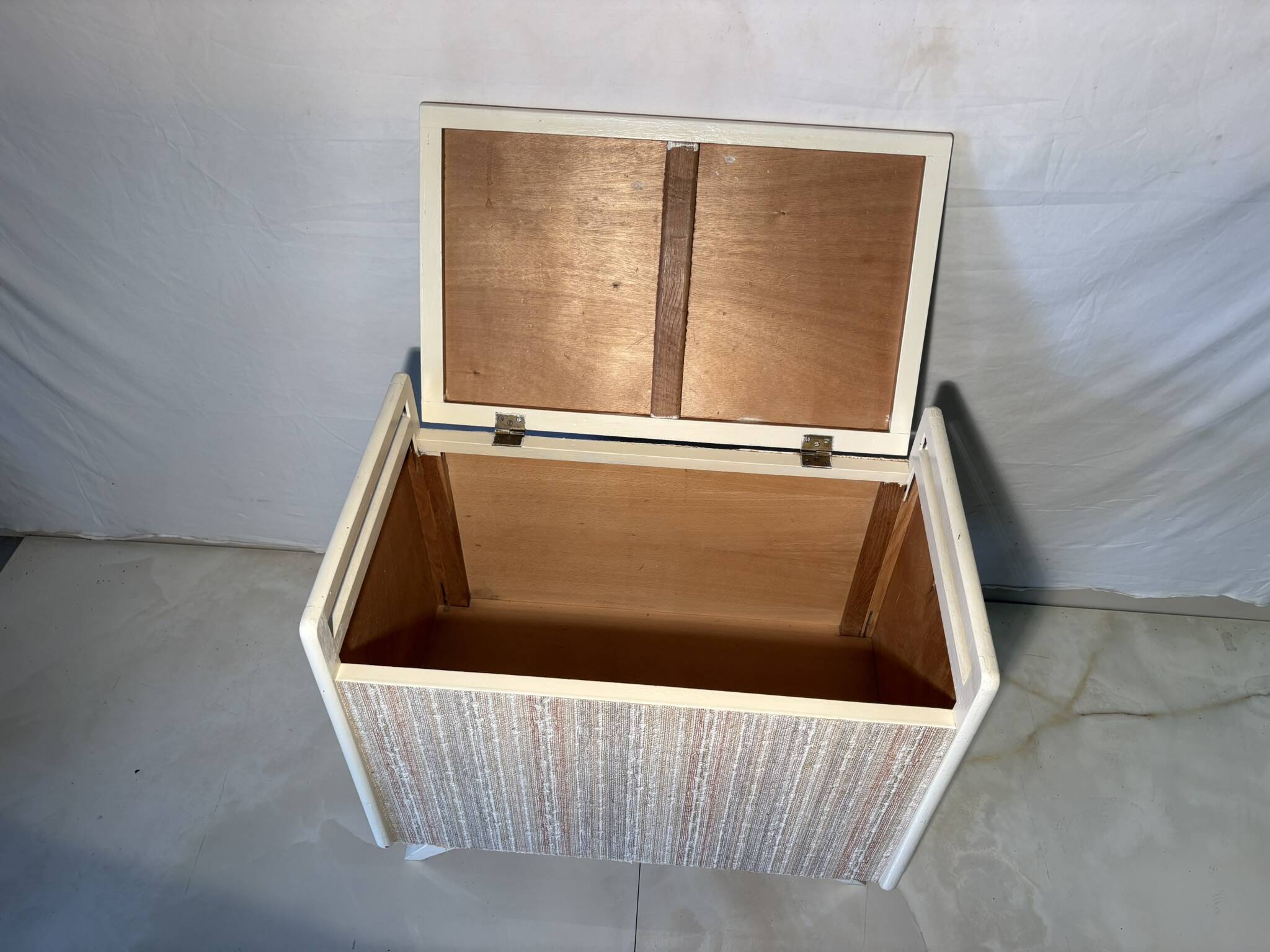 Vintage upholstered chest, white lacquered wooden structure, 1960s-70s