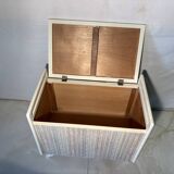 Vintage upholstered chest, white lacquered wooden structure, 1960s-70s