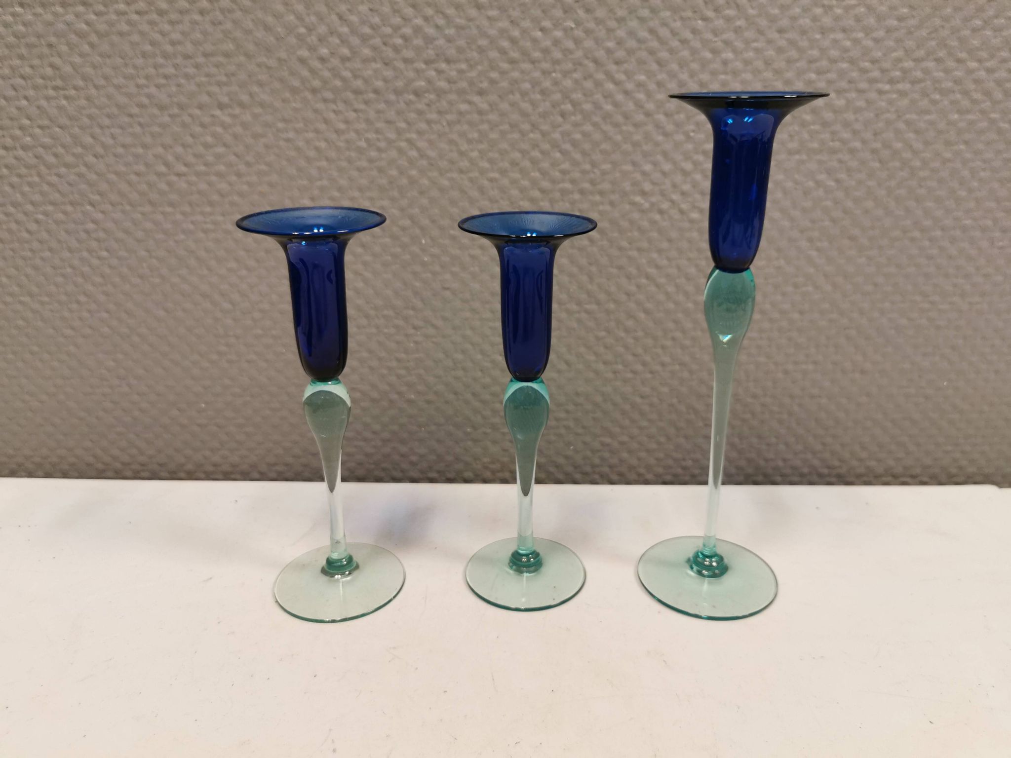 Royal Copenhagen set of 3 candle holders, model Harlequin in blue/turquoise glass.