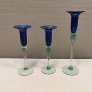 Royal Copenhagen set of 3 candle holders, model Harlequin in blue/turquoise glass.