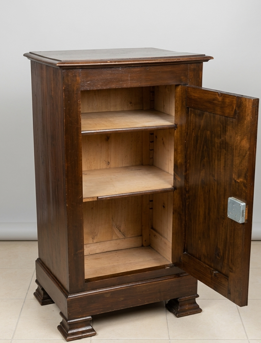 Small storage unit in solid wood and copper.