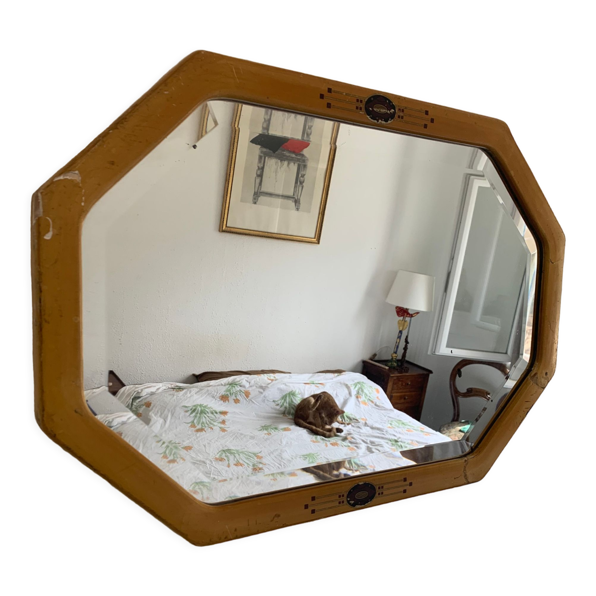 Miroir vintage 1930  biseauté octogonal bois stuc - 66 x 45 cm