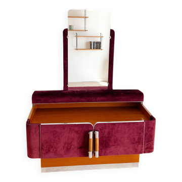 Wooden and burgundy velvet dressing table, 1970s-1980s.
