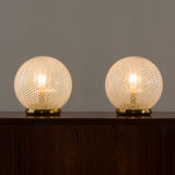21112K Pair of Tessuto Vetri Venini table lamps with Murano glass swirl bowl shades, 1970s