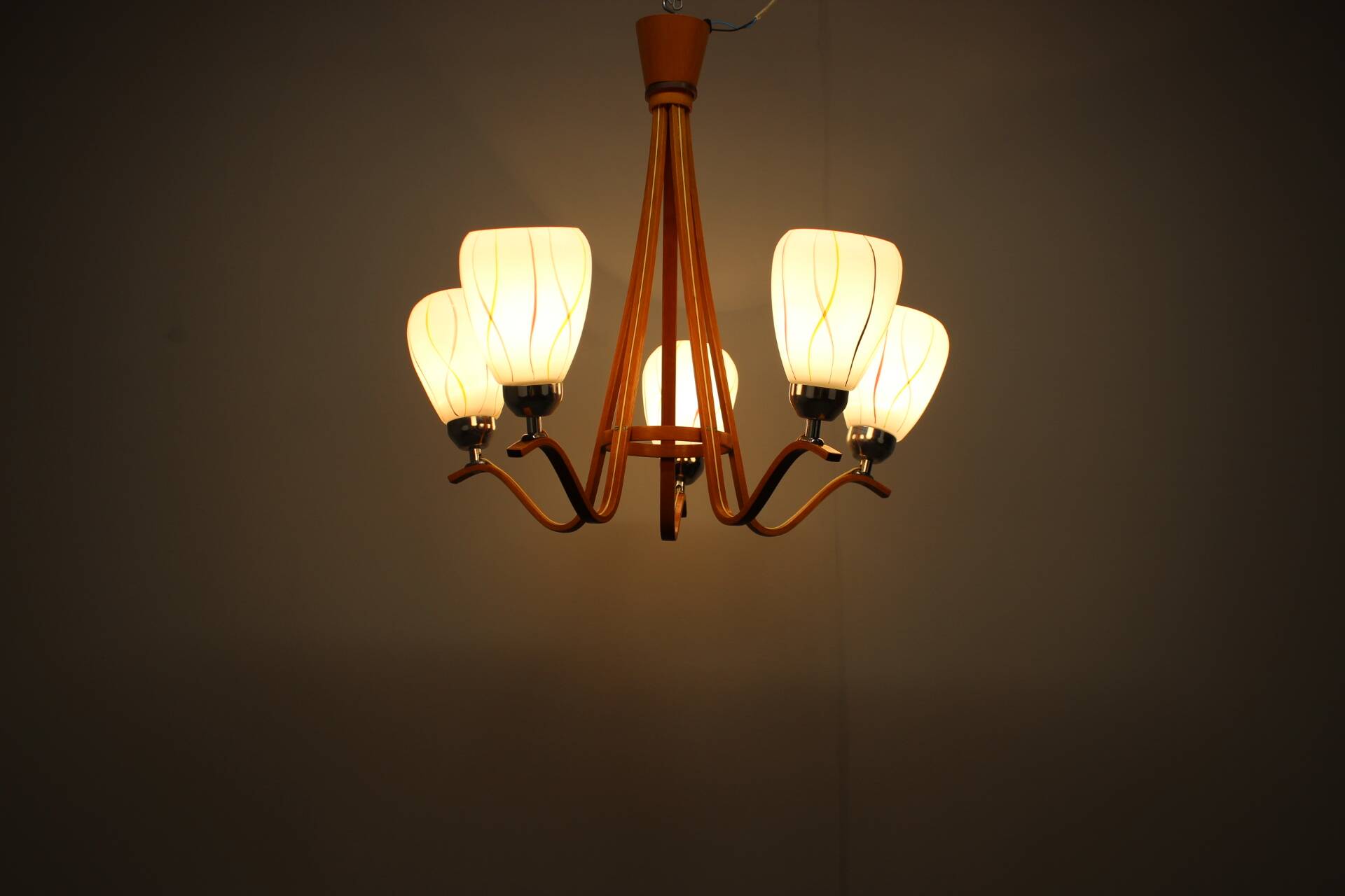 Mid-century wooden chandelier with glass shades, Czechoslovakia, 1970s.