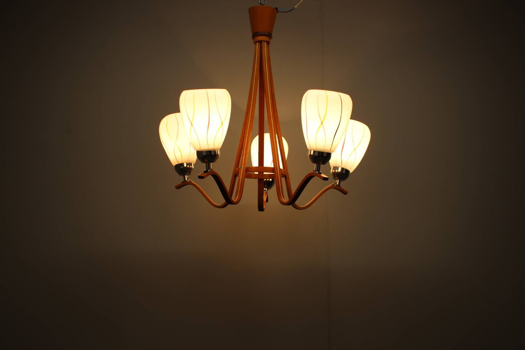 Mid-century wooden chandelier with glass shades, Czechoslovakia, 1970s.