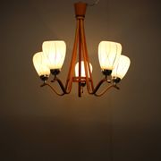 Mid-century wooden chandelier with glass shades, Czechoslovakia, 1970s.