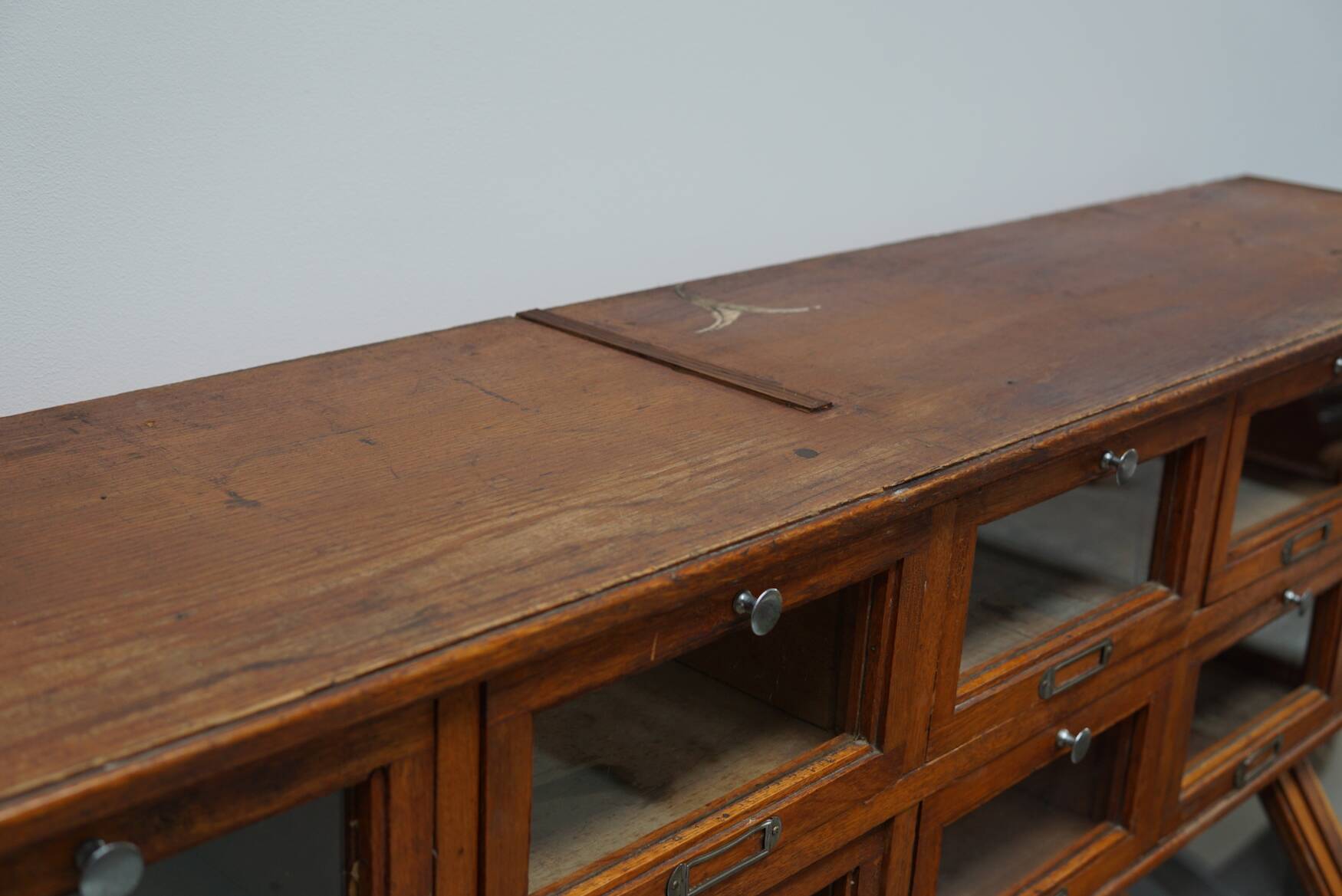 Very large Dutch oak showcase for grocery or haberdashery, 1920s-1930s