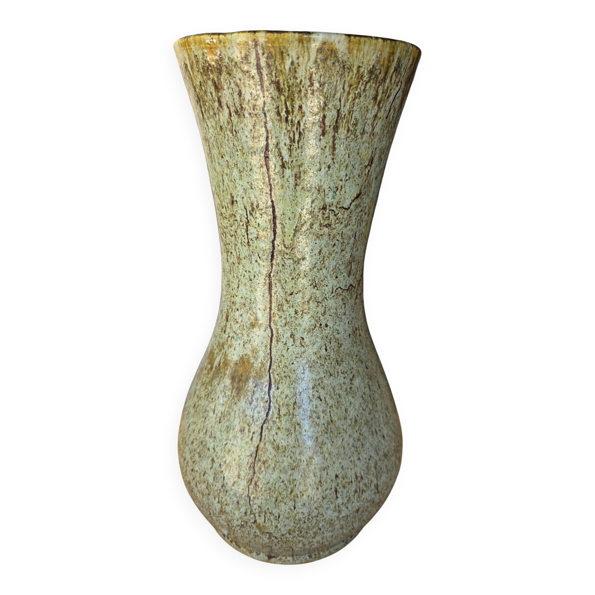 Large baluster vase from Accolay – Water green & ochre marbled enamel – 35 cm