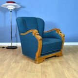 Mid century danish teal blue wool & oak club lounge chair