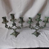 Pair of metal candlesticks patina green grey