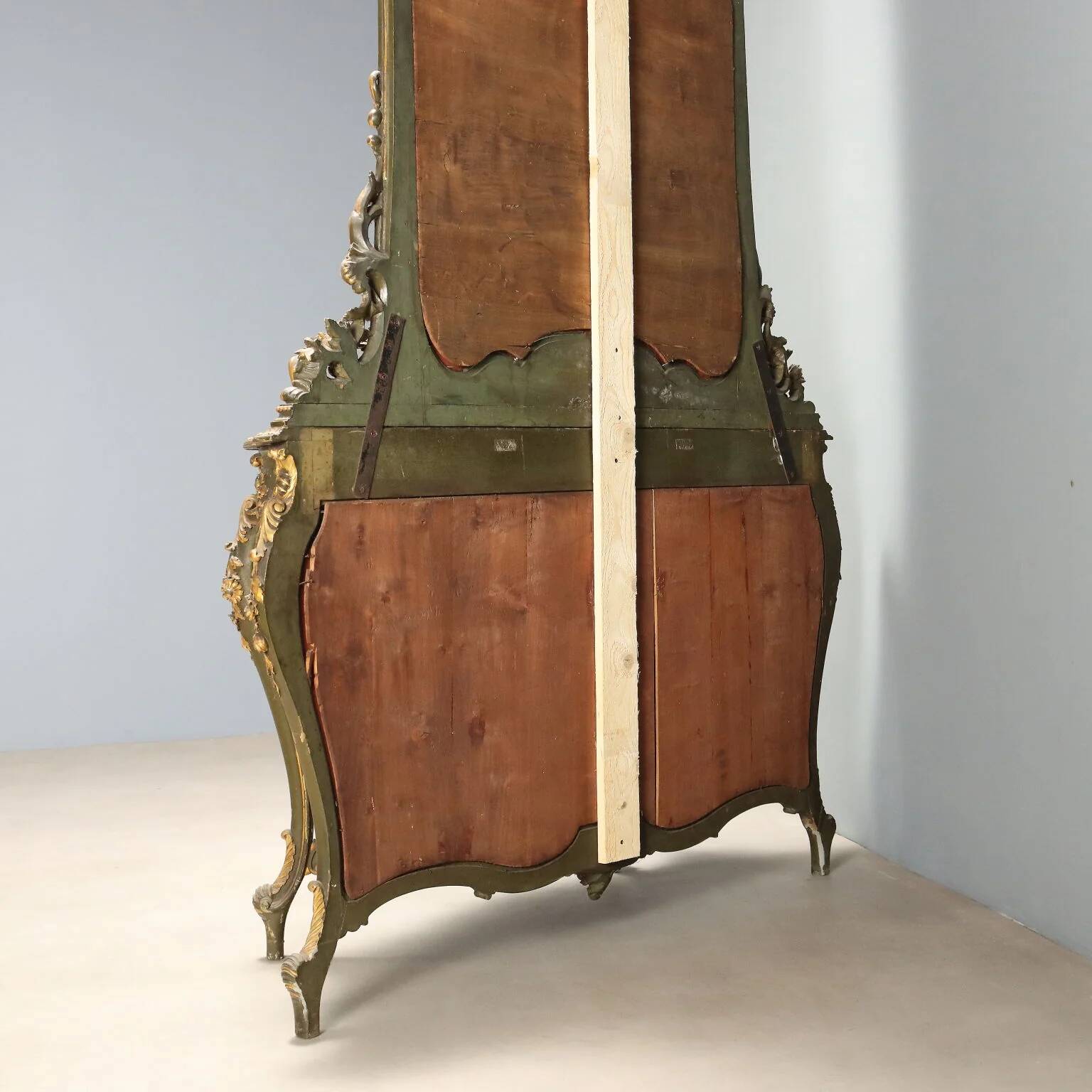 Ancient baroque console with a wooden mirror, Italy, late 19th century.