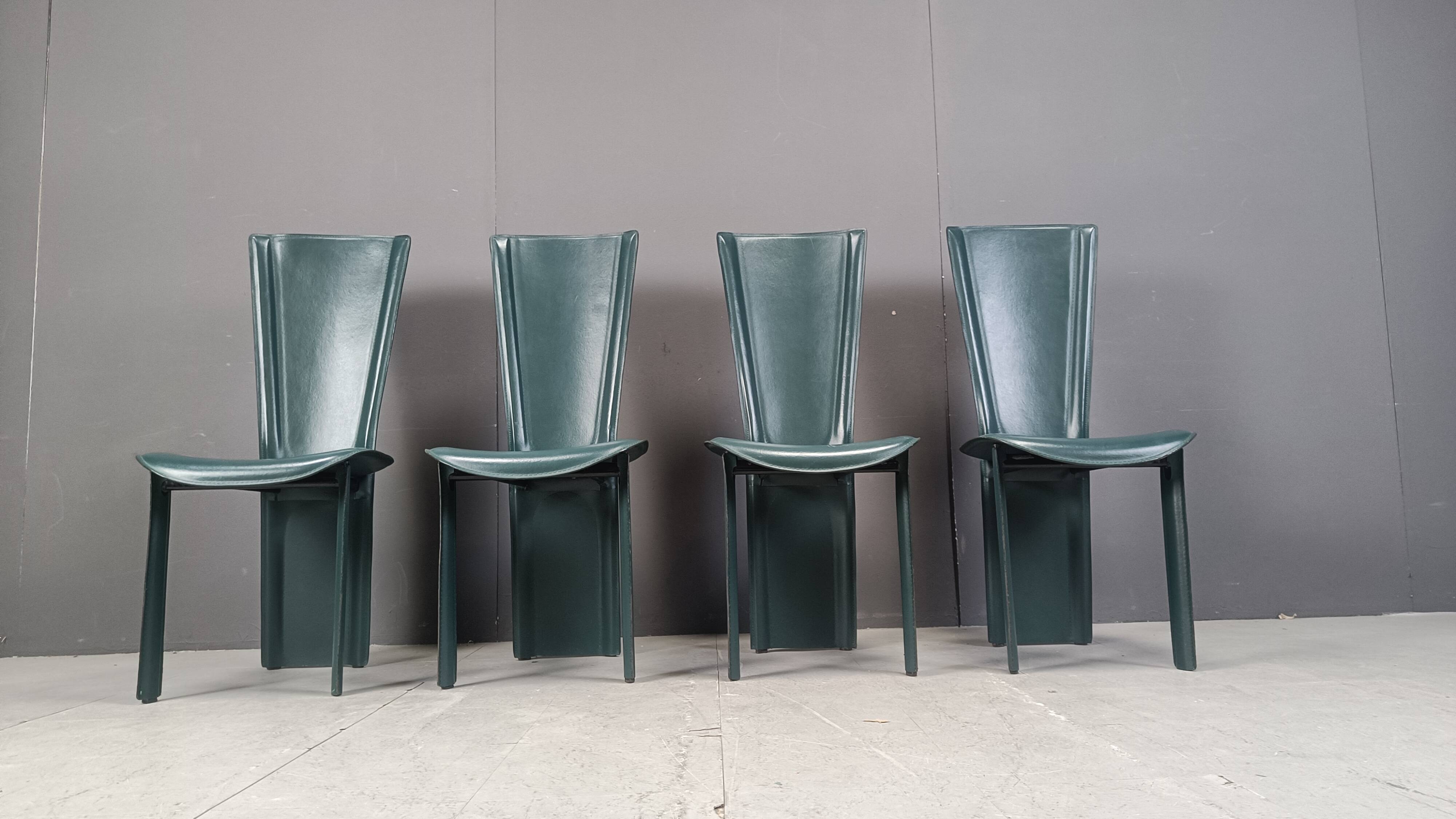 Vintage green leather dining chairs, 1980s - set of 4