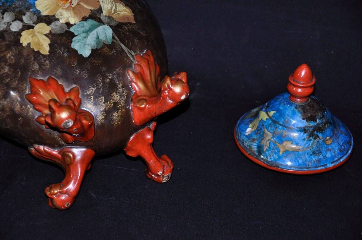 Gabriel Lemonnier covered vase in enamelled earthenware 19th century