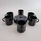 6 espresso coffee cups and their black saucers Octime Arcoroc