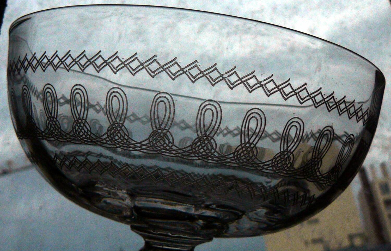 8 Antique Engraved Crystal Champagne Glasses 250517