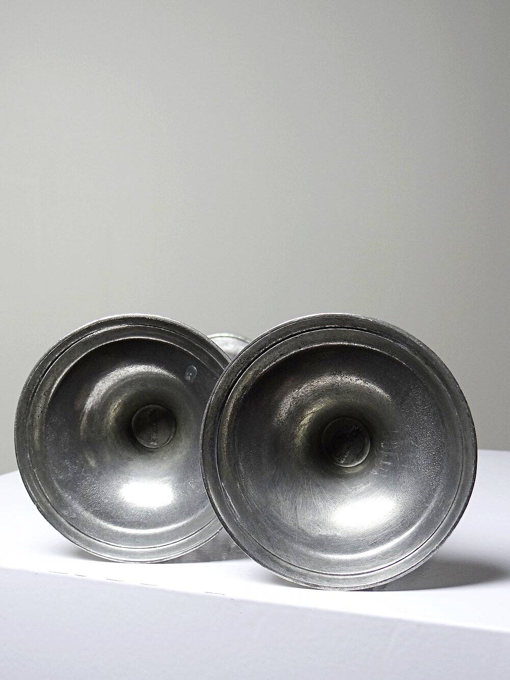 Pair of handcrafted candle holders Sun & Moon vintage mid-century silver-plated tin