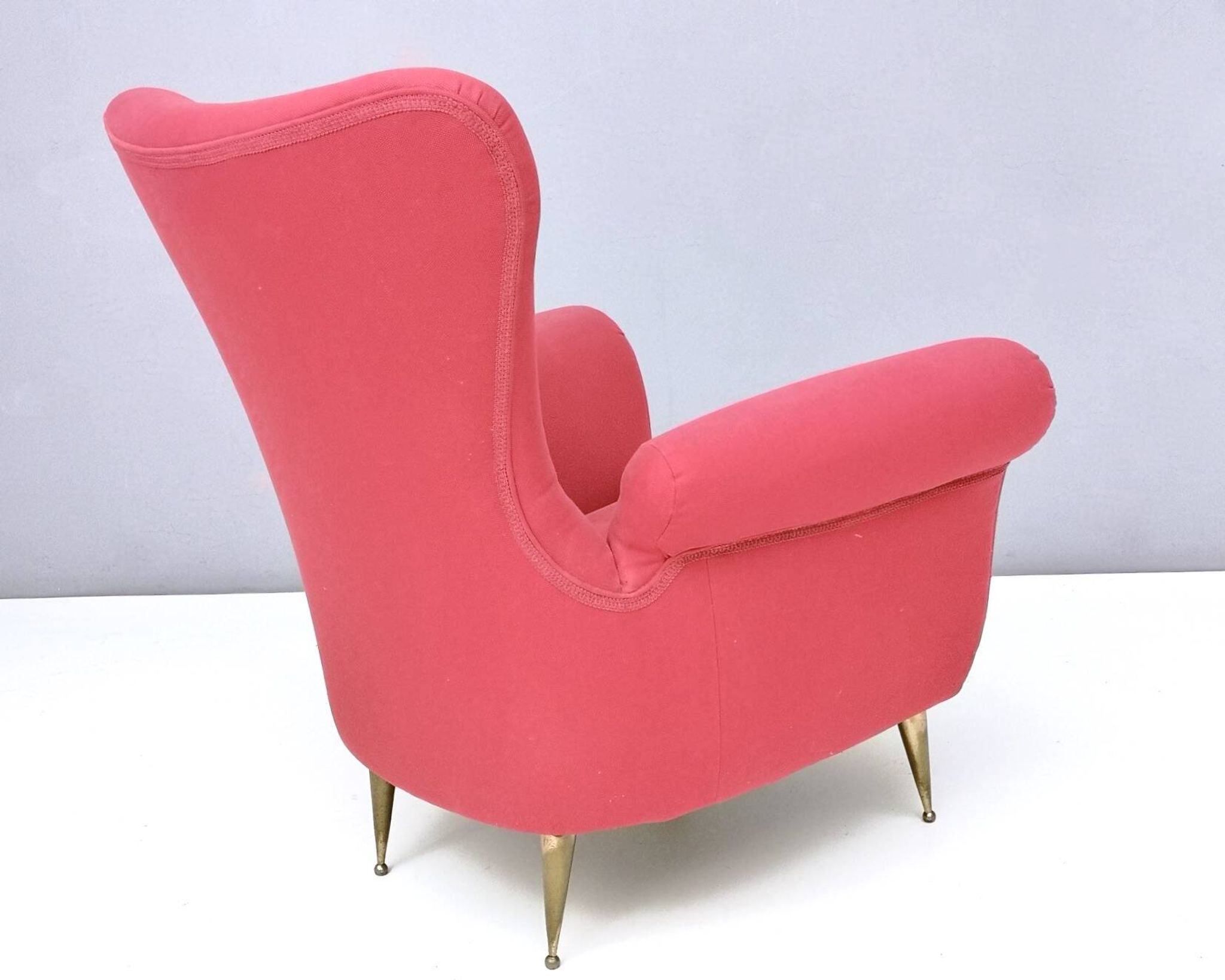 Wingback Red Cotton Armchair with Brass Feet, Italy