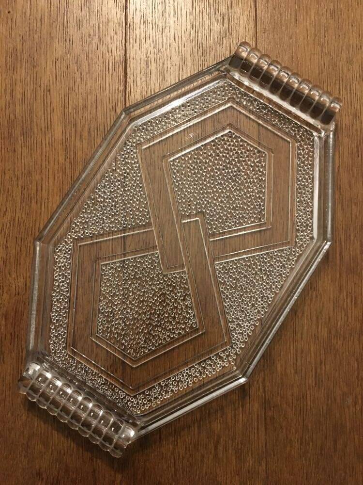 Antique Art Deco glass serving tray or dish with geometric patterns