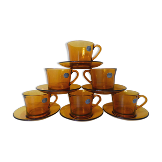 6 tasses et soucoupes Duralex ambre Vintage