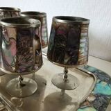 digestive service, glass and tray in silver metal Mexican abalone