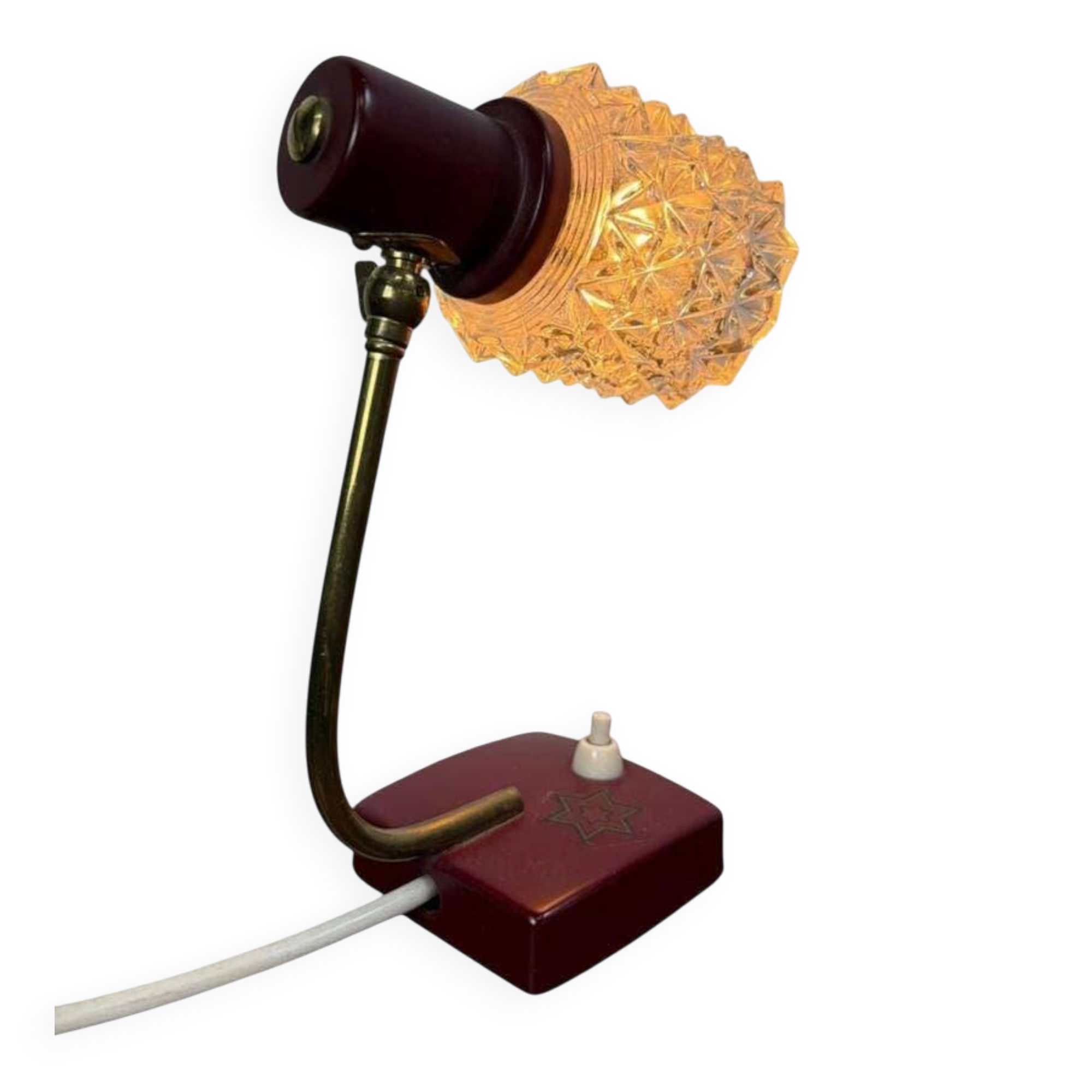 Vintage burgundy table lamp with glass shade.