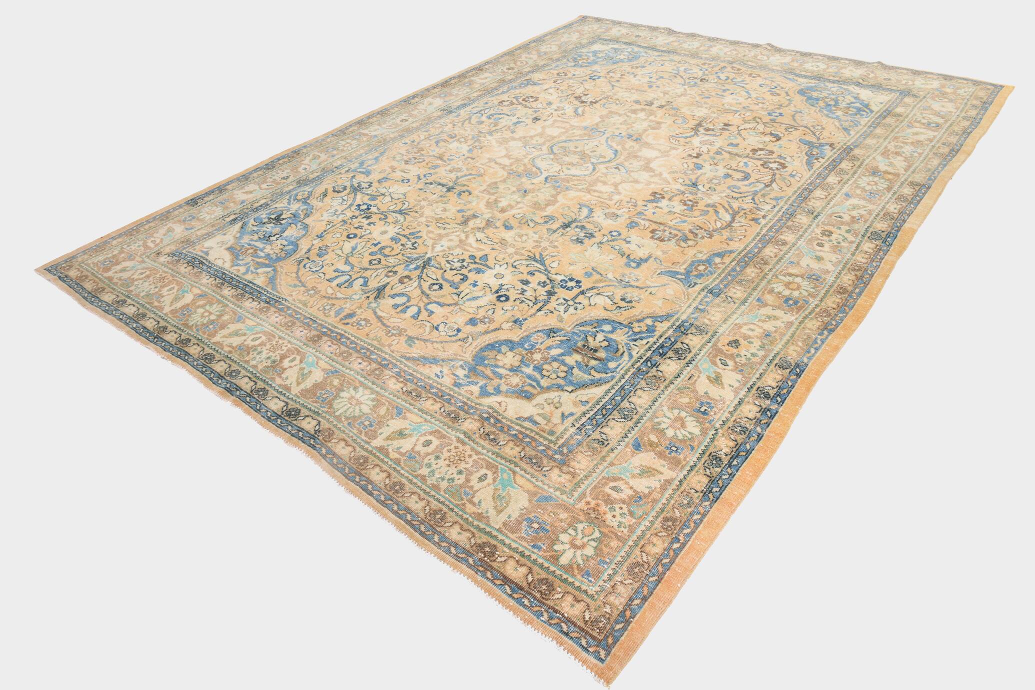 Tapis Persan Ancien Grand Format – Laine Nouée Main, Tons Beige & Bleu