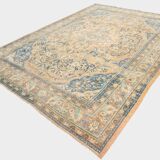 Tapis Persan Ancien Grand Format – Laine Nouée Main, Tons Beige & Bleu