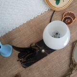 Art Deco swan and white globe table lamp with black marble base