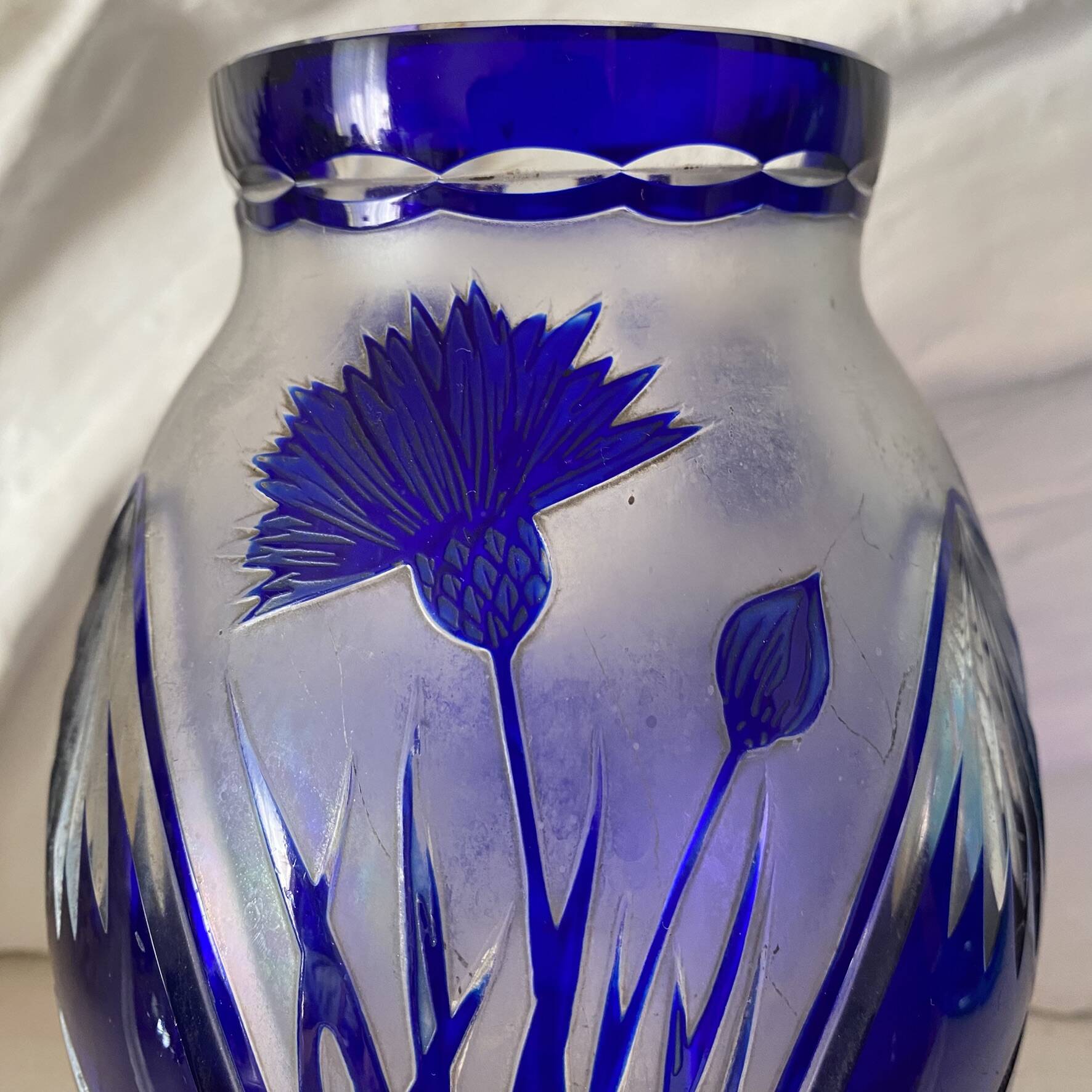 Cobalt blue double crystal vase signed G. Raspiller