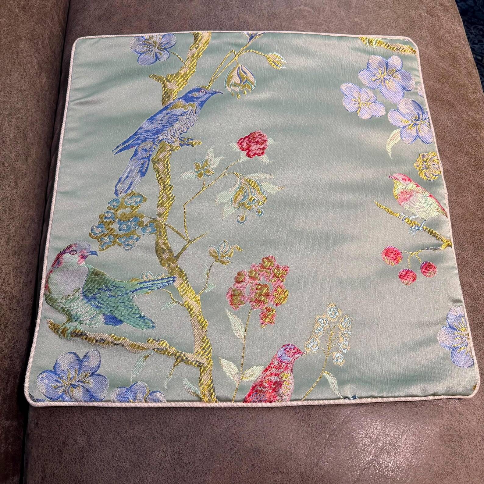 Handmade Satin Chinoiserie Bird Cushion, Cream Piped Botanical Pillow