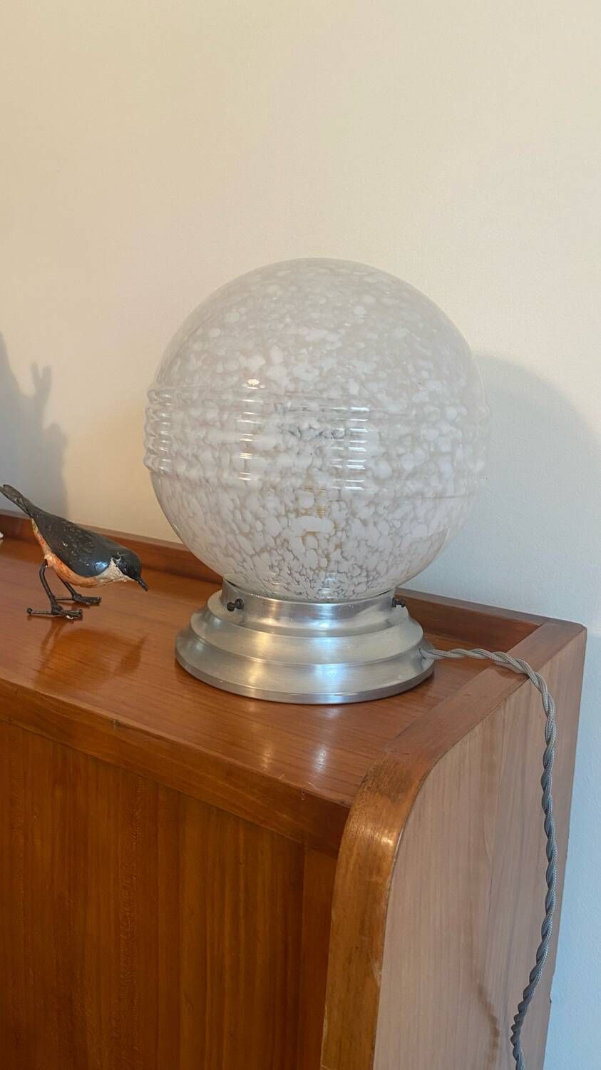 Table ball lamp in Clichy glass and Art Deco aluminum base