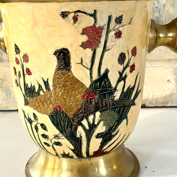 Seau à glace Cloisonné, vintage français en émail pêche avec motif floral de faisan.