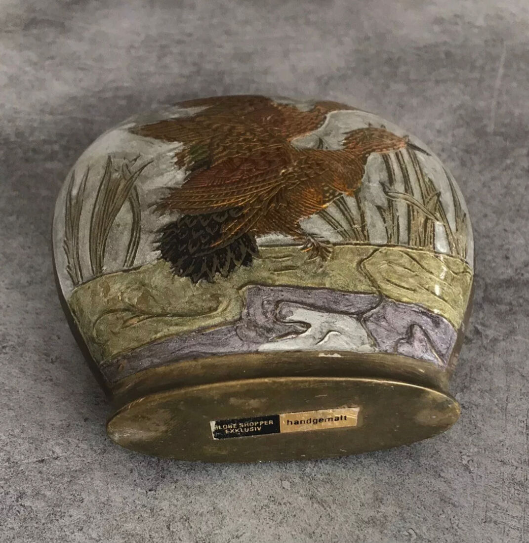 Vintage vase in enamelled brass decoration of duck flight 10.5 cm