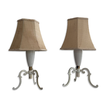 Paire de lampes de chevet du milieu du siècle en laiton et abat-jour en tissu, années 1960, Allemagne