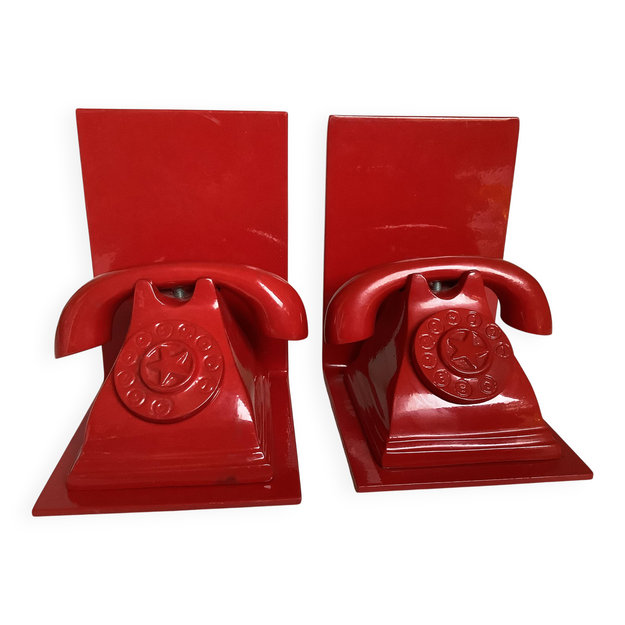 Pair of red telephone bookends