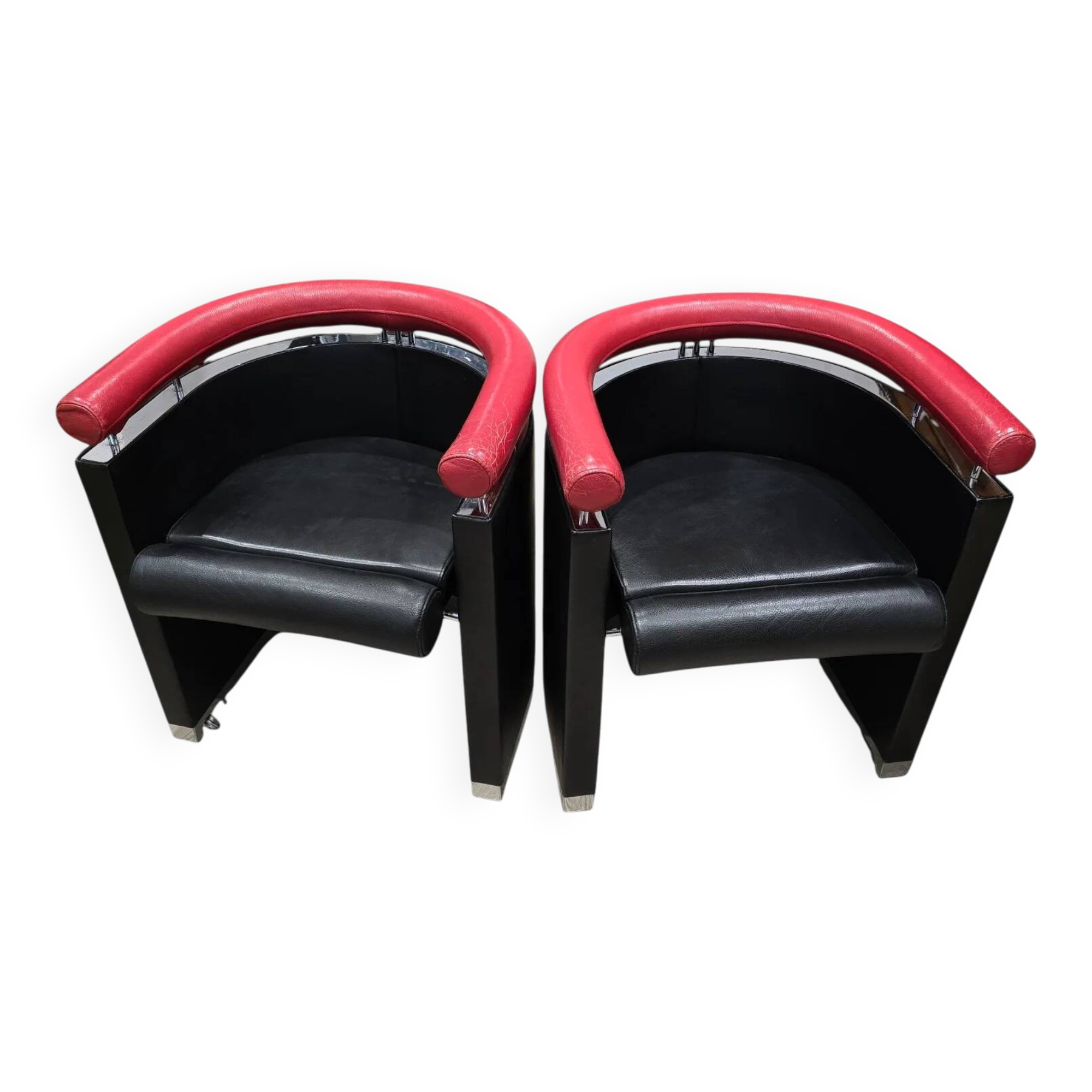 80's design leather and chrome metal armchairs